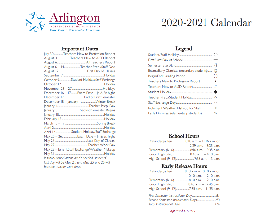 District School Academic Calendar Key for Arlington High School