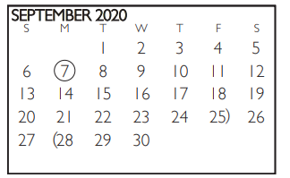 District School Academic Calendar for Homebound for September 2020
