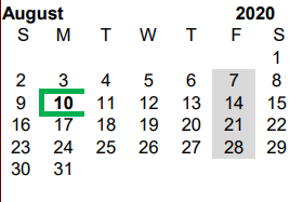 District School Academic Calendar for R C Fisher Campus for August 2020