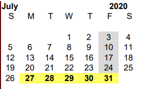 District School Academic Calendar for R C Fisher Campus for July 2020