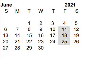District School Academic Calendar for R C Fisher Campus for June 2021
