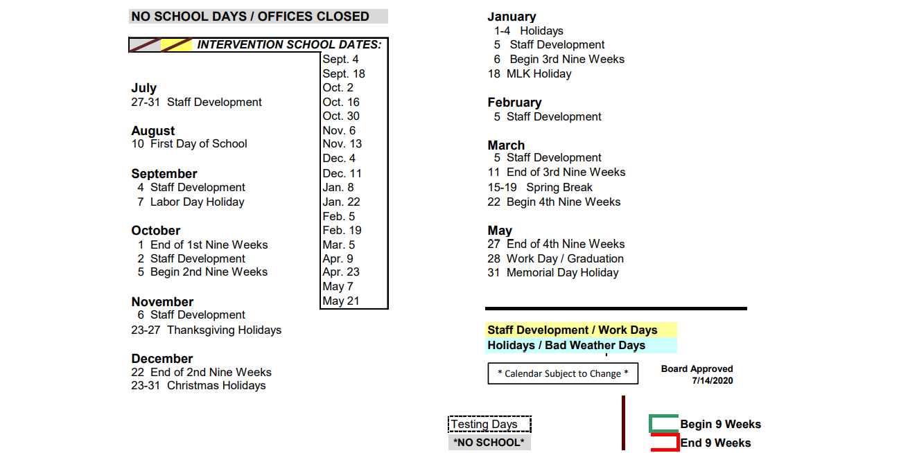 District School Academic Calendar Key for Athens Annex