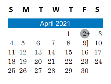 District School Academic Calendar for Undesignated El A for April 2021