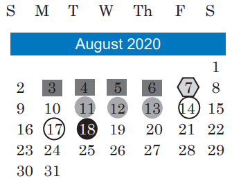 District School Academic Calendar for Undesignated El A for August 2020
