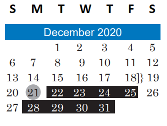 District School Academic Calendar for Undesignated El A for December 2020