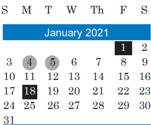 District School Academic Calendar for Undesignated El A for January 2021