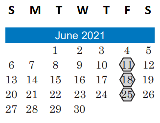 District School Academic Calendar for Undesignated El A for June 2021