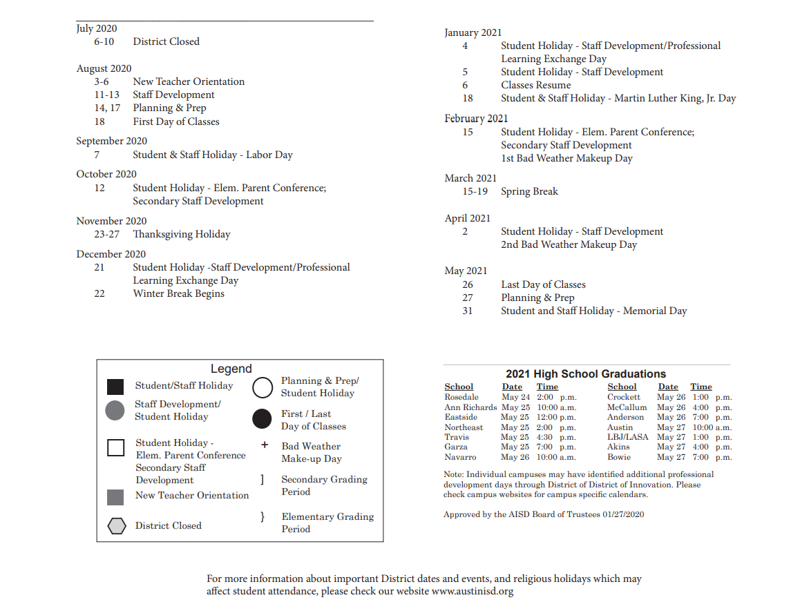 District School Academic Calendar Key for Undesignated El A
