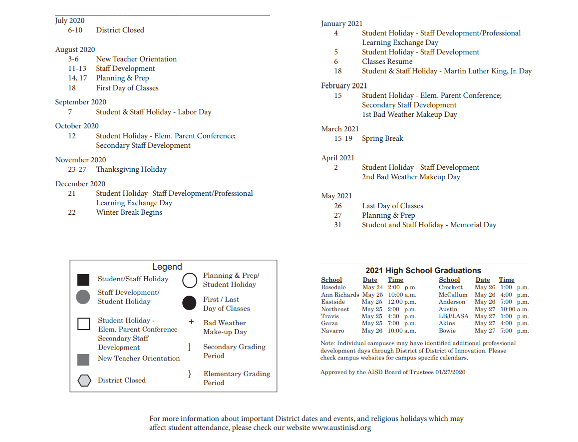 District School Academic Calendar Key for Pillow Elementary