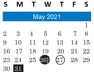 District School Academic Calendar for Undesignated El A for May 2021