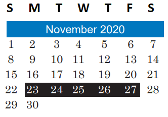 District School Academic Calendar for Undesignated El A for November 2020