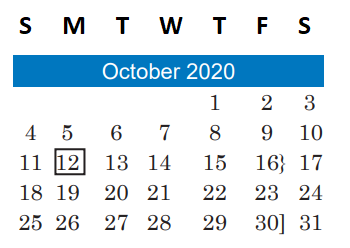 District School Academic Calendar for Undesignated El A for October 2020