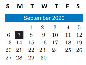 District School Academic Calendar for Undesignated El A for September 2020