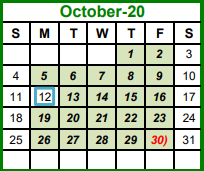 District School Academic Calendar for Walnut Creek Elementary for October 2020