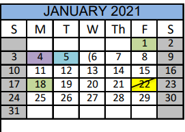 District School Academic Calendar for Matagorda Co J J A E P for January 2021