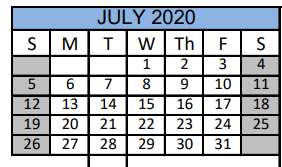 District School Academic Calendar for Matagorda Co J J A E P for July 2020