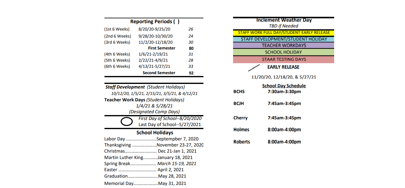 District School Academic Calendar Key for Roberts Elementary