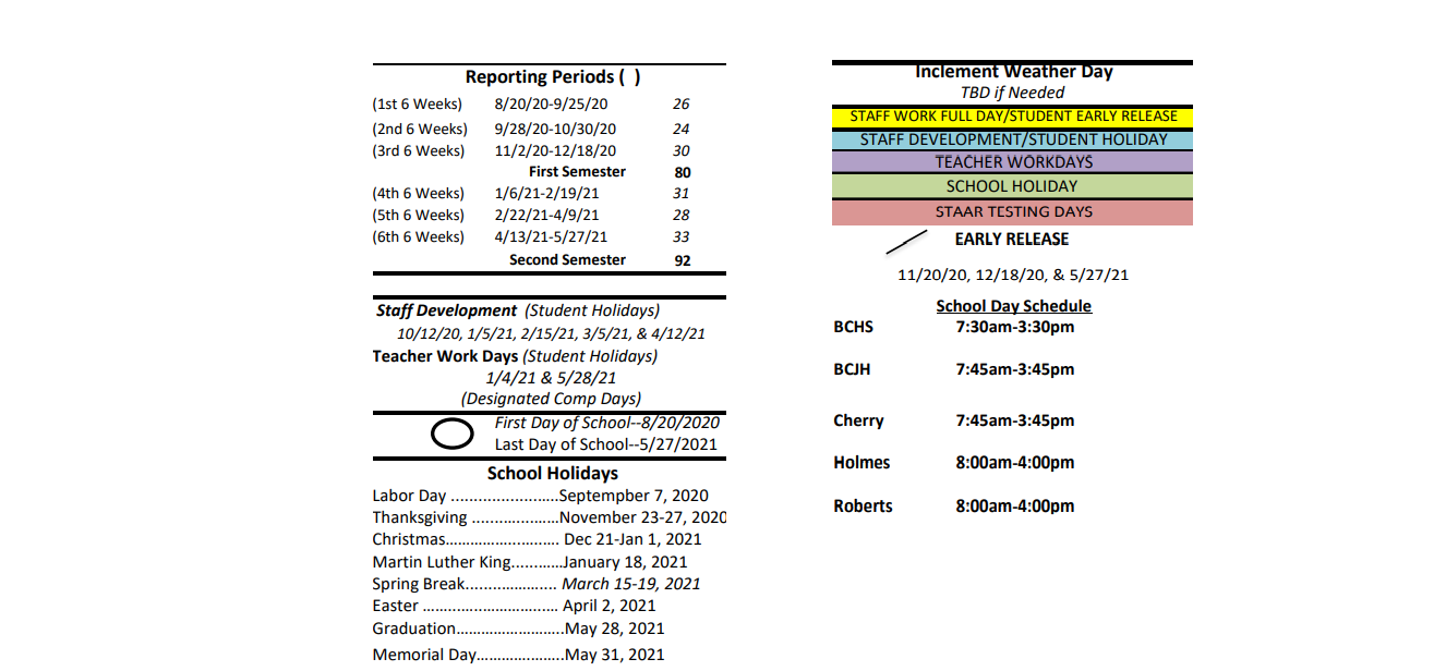 District School Academic Calendar Key for Mcallister Middle School