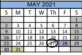 District School Academic Calendar for Tenie Holmes El for May 2021