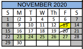 District School Academic Calendar for Matagorda Co J J A E P for November 2020