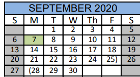 District School Academic Calendar for Matagorda Co J J A E P for September 2020