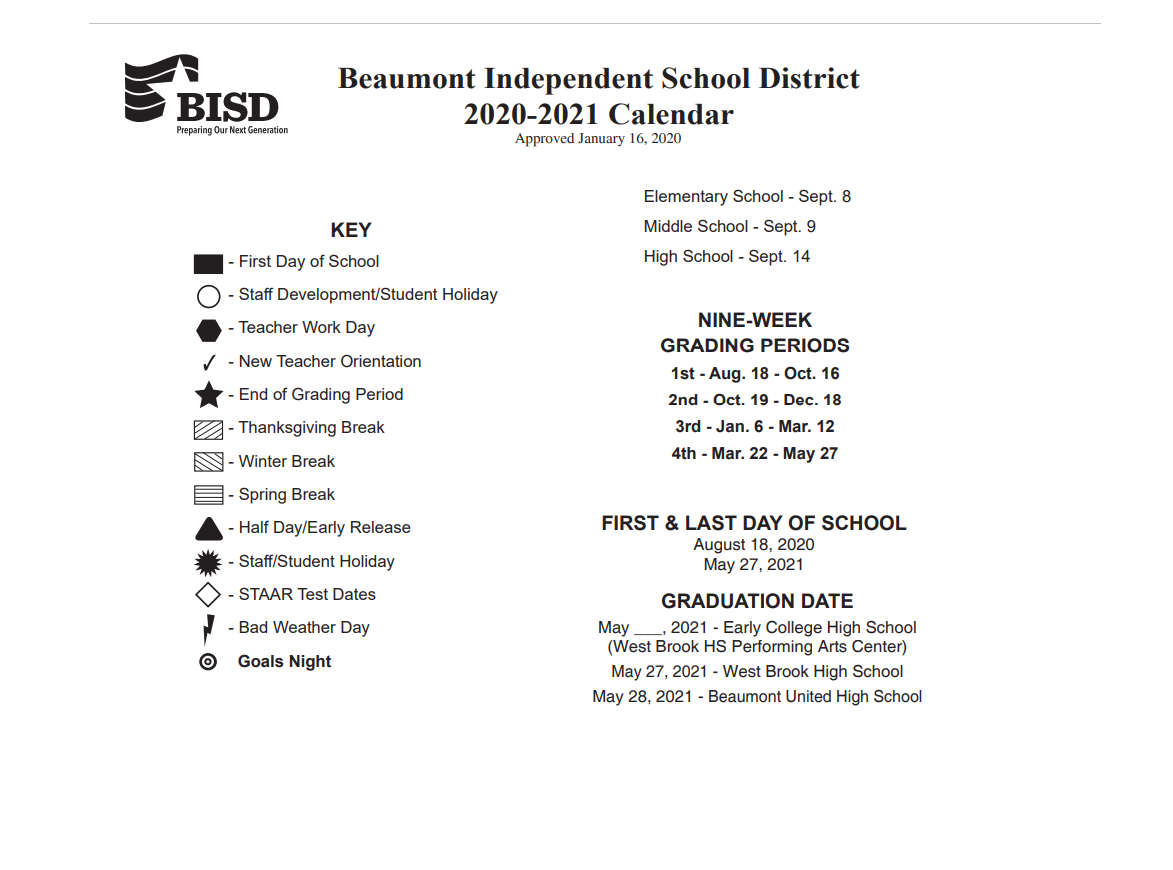 Beaumont Isd Calendar Beaumont Isd Calendar