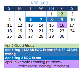 District School Academic Calendar for Learning Resource Center for April 2021