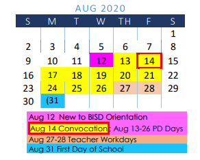 District School Academic Calendar for Moreno J H for August 2020