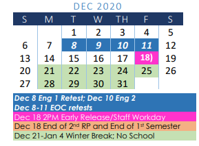District School Academic Calendar for R A Hall Elementary for December 2020