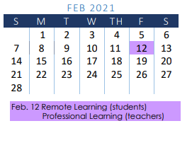 District School Academic Calendar for Moreno J H for February 2021