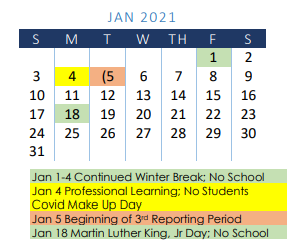 District School Academic Calendar for Moreno J H for January 2021