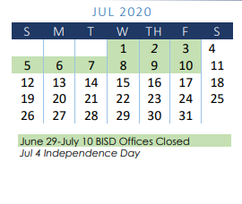 District School Academic Calendar for Beeville Daep for July 2020