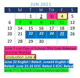 District School Academic Calendar for R A Hall Elementary for June 2021