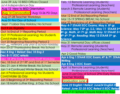 District School Academic Calendar Legend for Thomas Jefferson Int