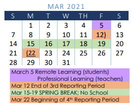 District School Academic Calendar for A C Jones High School for March 2021