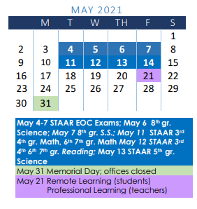 District School Academic Calendar for R A Hall Elementary for May 2021
