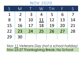 District School Academic Calendar for Learning Resource Center for November 2020