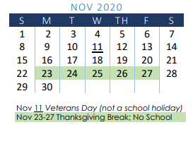 District School Academic Calendar for Beeville Daep for November 2020