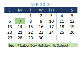District School Academic Calendar for Thomas Jefferson Int for September 2020