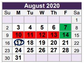 District School Academic Calendar for W A Porter Elementary for August 2020