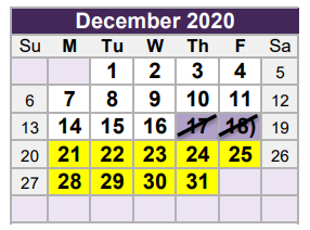 District School Academic Calendar for South Birdville Elementary for December 2020