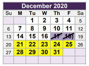 District School Academic Calendar for W T Francisco Elementary for December 2020