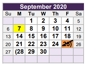 District School Academic Calendar for Homebound for September 2020