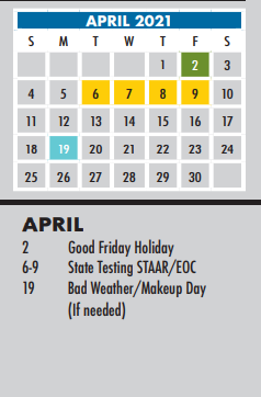 District School Academic Calendar for Aces Campus for April 2021