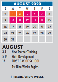District School Academic Calendar for Chandler El for August 2020