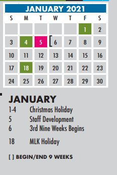 District School Academic Calendar for Chandler El for January 2021