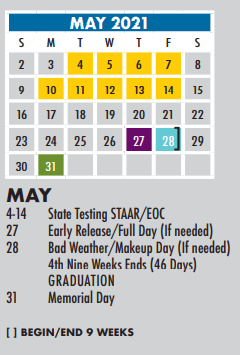 District School Academic Calendar for Chandler El for May 2021