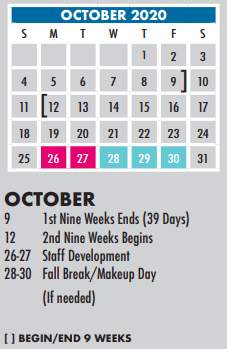 District School Academic Calendar for Chandler El for October 2020