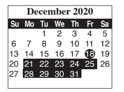 District School Academic Calendar for Pace High School for December 2020
