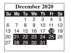 District School Academic Calendar for Brownsville Learning Acad for December 2020